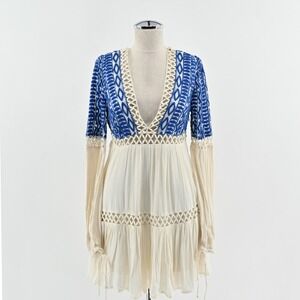 Free People Dusk‎ Till Dawn Dress Sz 2 Blue Embroidered Bohemian Festival Tiered